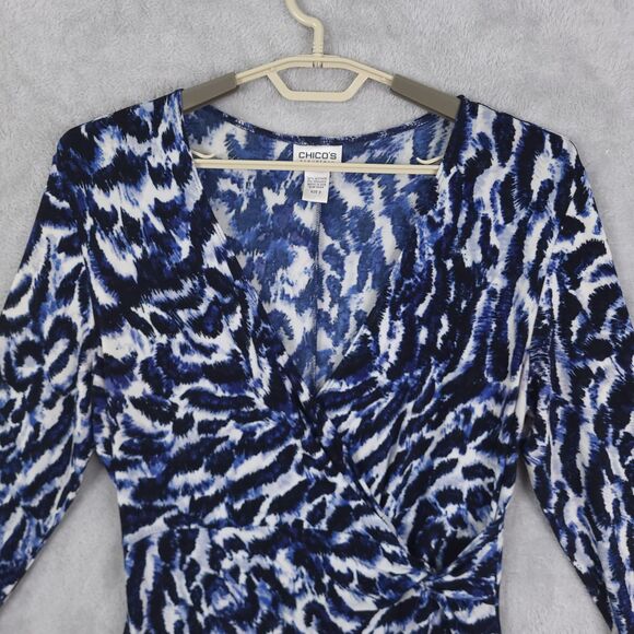 Chicos Travellers Midi Dress Faux Wrap Sz 2/L Geometric Print 3/4 Sleeve Stretch - Picture 3 of 11